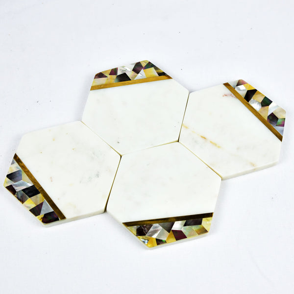 Aikám Marble and Mother of Pearl Coasters with Brass Accents (set of 4)