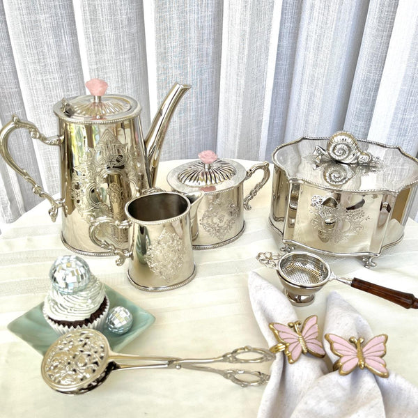 Méhfil-é-Jashn Moonlit Silver with Rose Quartz - 3 piece tea set in brass