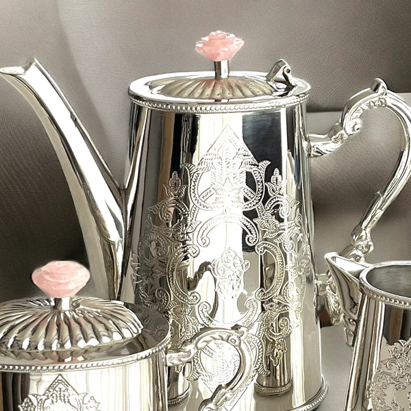 Méhfil-é-Jashn Moonlit Silver with Rose Quartz - 3 piece tea set in brass